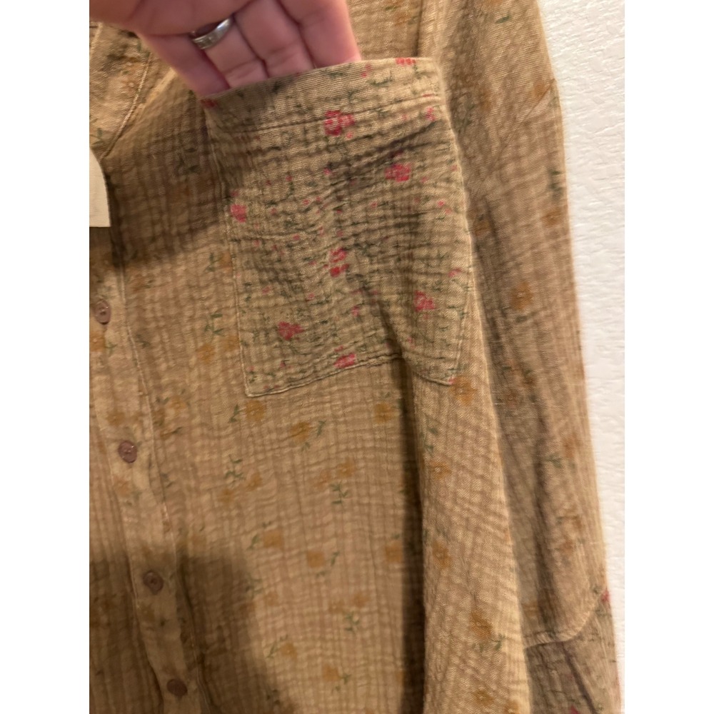 Easel Button Down Shirt Women's L Brown Cottagecore Boho Soft Floral Gauze Top - Picture 12 of 12